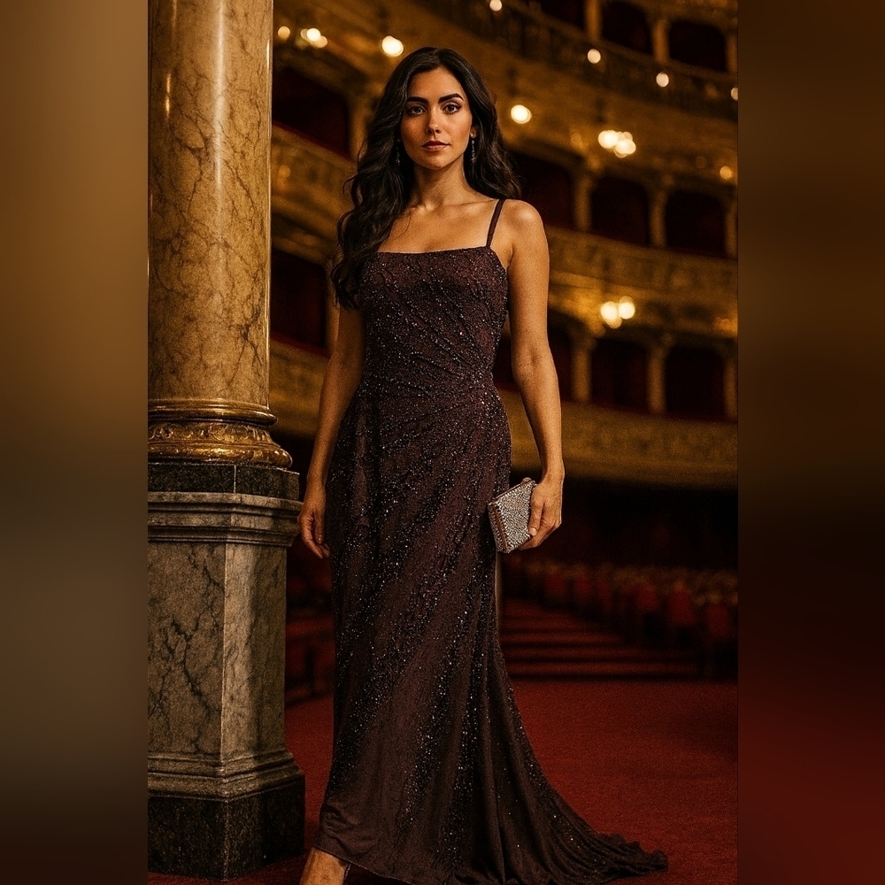 Sparkling Dark Brown/purple Maxi Dress. Ombre Long Train. Size 12